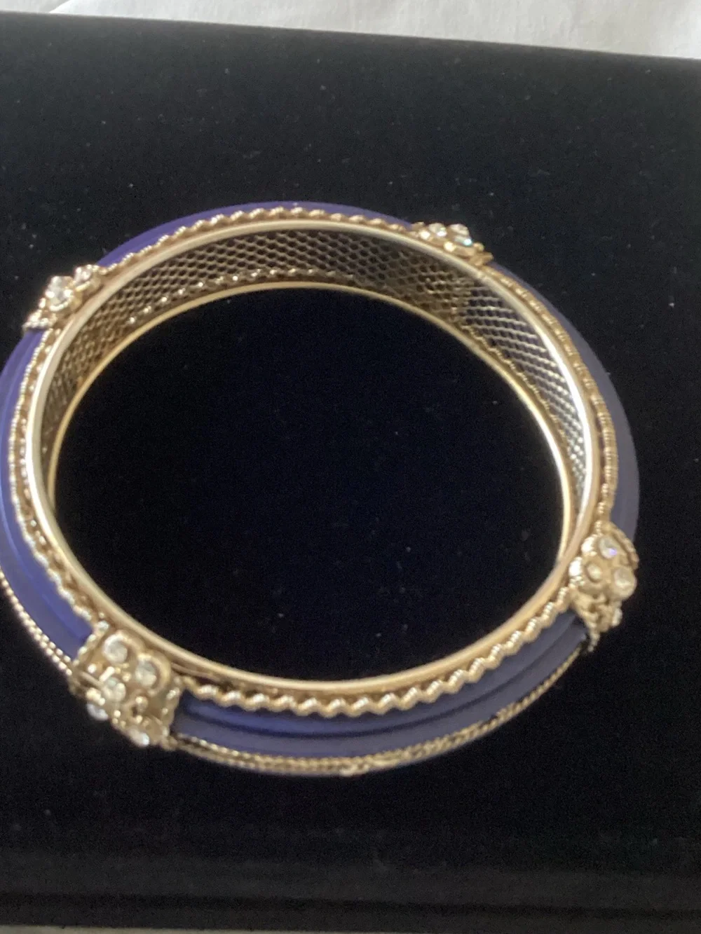 Vintage Indian Blue Enamel and Gold Filigree Bangle Bracelet!
